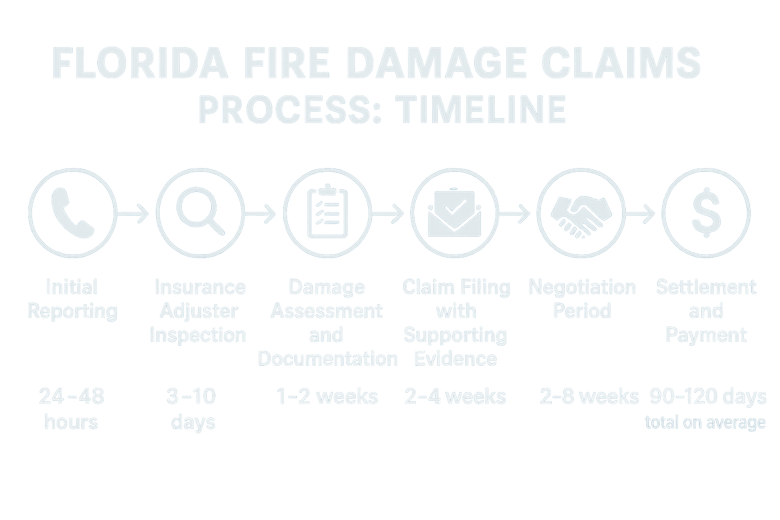 Florida Fire Damage Claims Process: Timeline showing 1) Initial reporting (24-48 hours), 2) Insurance adjuster inspection (3-10 days), 3) Damage assessment and documentation (1-2 weeks), 4) Claim filing with supporting evidence (2-4 weeks), 5) Negotiation period (2-8 weeks), 6) Settlement and payment (90-120 days total on average) - fire damage claims florida infographic 