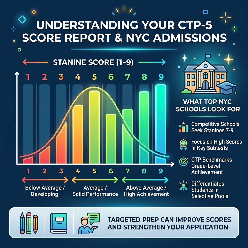 Infographic explaining CTP-5 score report stanines and what NYC schools look for - Best CTP tutors NYC infographic Infographic explaining CTP-5 score report stanines and what NYC schools look for - Best CTP tutors NYC infographic