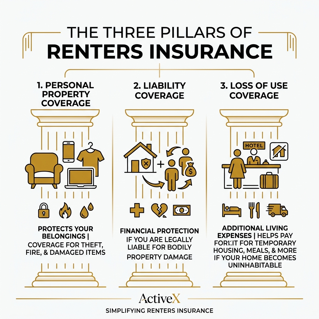 Infographic showing three pillars of renters insurance: personal property, liability, and loss of use coverage - renters Infographic showing three pillars of renters insurance: personal property, liability, and loss of use coverage - renters