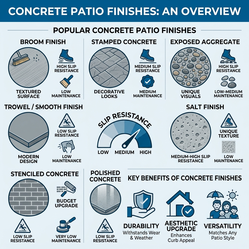 Overview infographic of concrete patio finish types, slip resistance ratings, and key benefits - concrete finishes for Overview infographic of concrete patio finish types, slip resistance ratings, and key benefits - concrete finishes for
