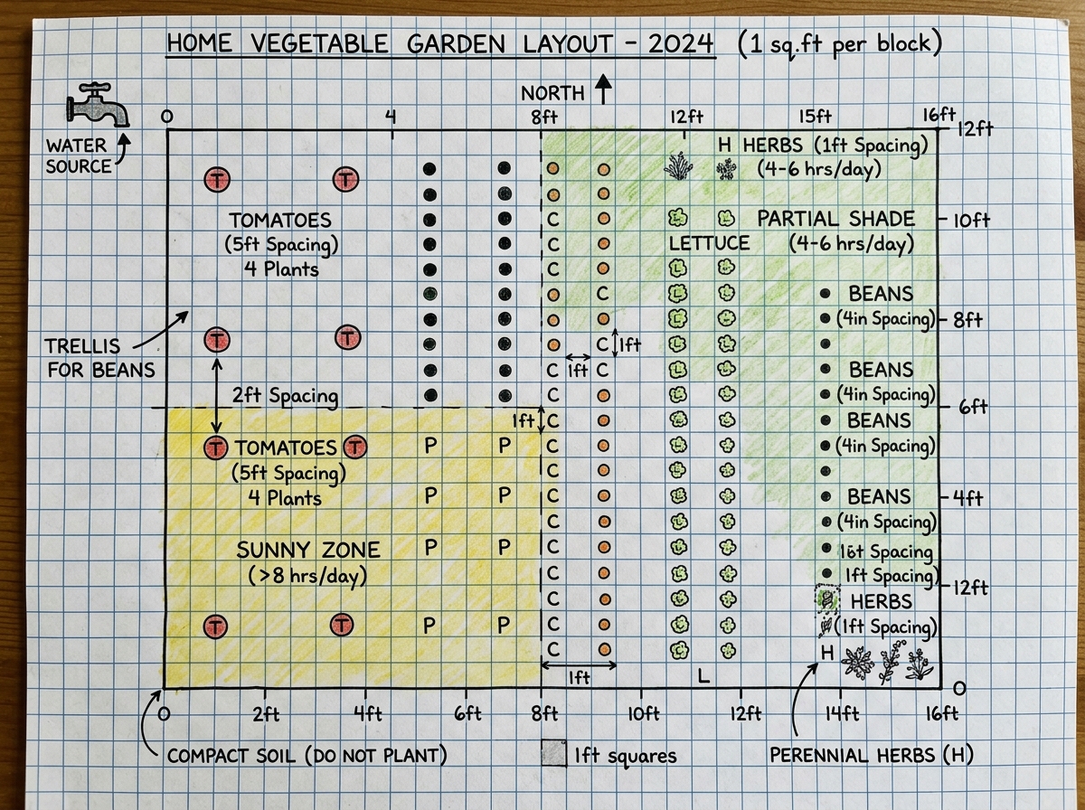 A hand-drawn garden layout on graph paper showing plant spacing and sunlight zones - 10 top gardening tips for beginners