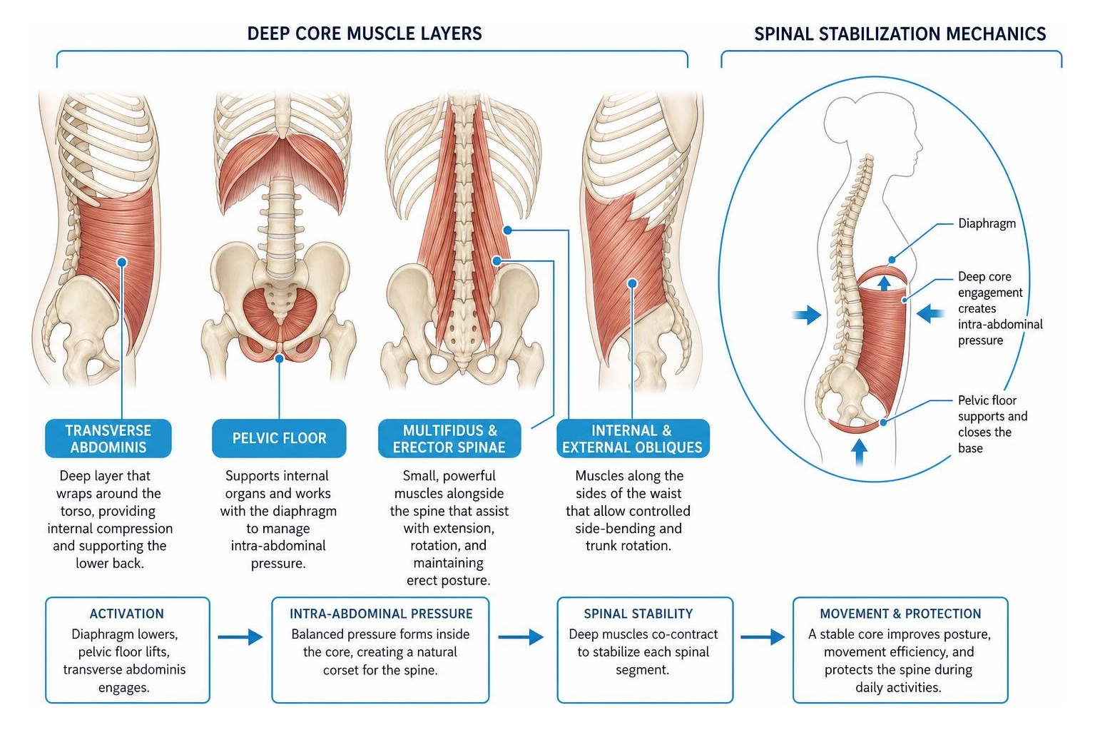 Diagram showing deep core muscle layers and spinal stabilization mechanics Diagram showing deep core muscle layers and spinal stabilization mechanics