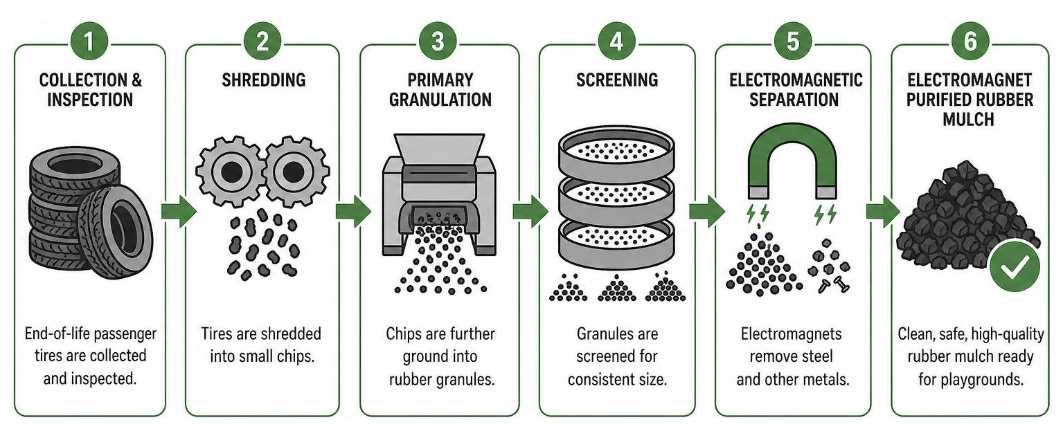 Diagram showing the step-by-step tire recycling process from raw tires to electromagnet purified rubber mulch