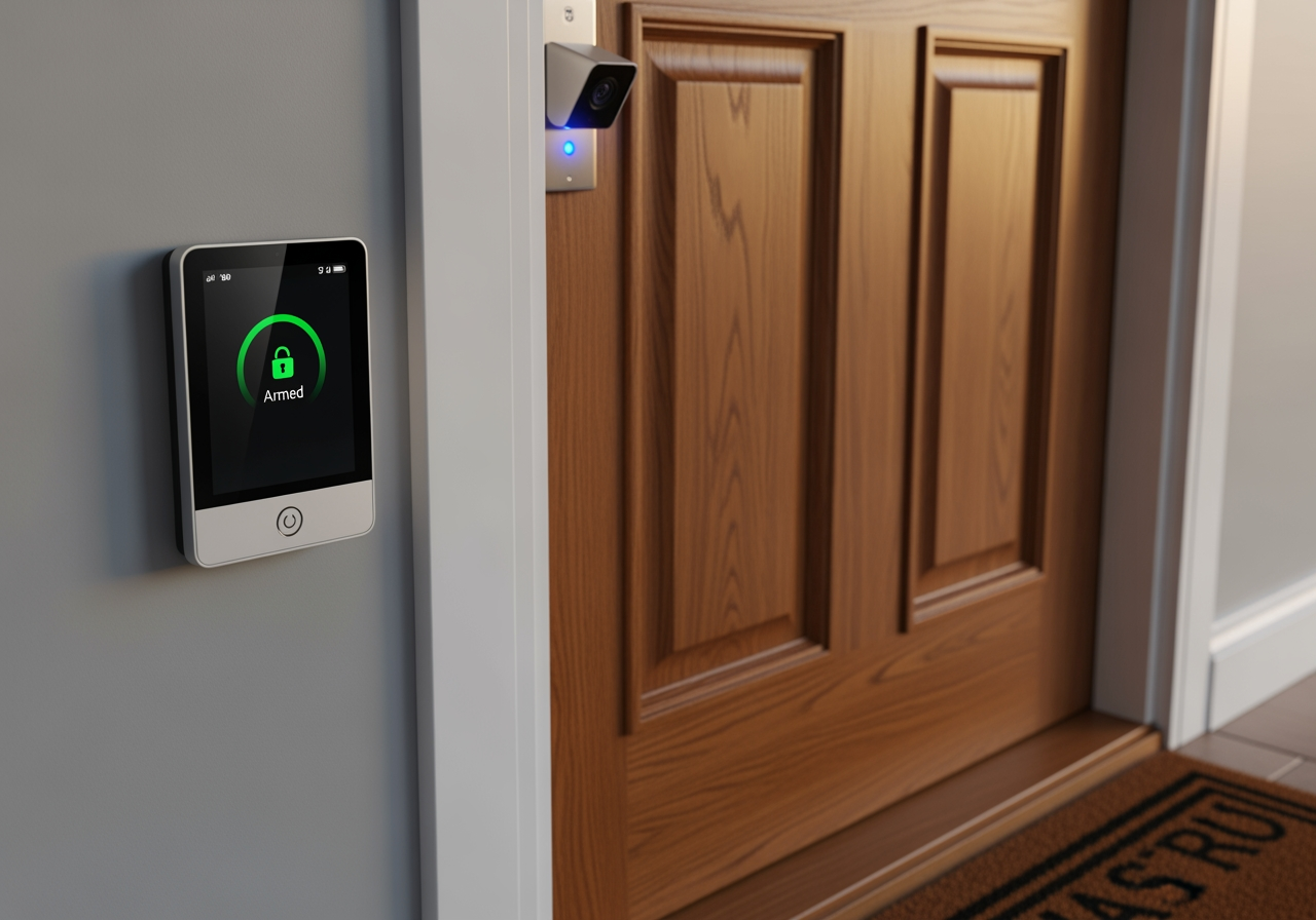 Smartphone app showing a home security dashboard with camera feeds - Home Security