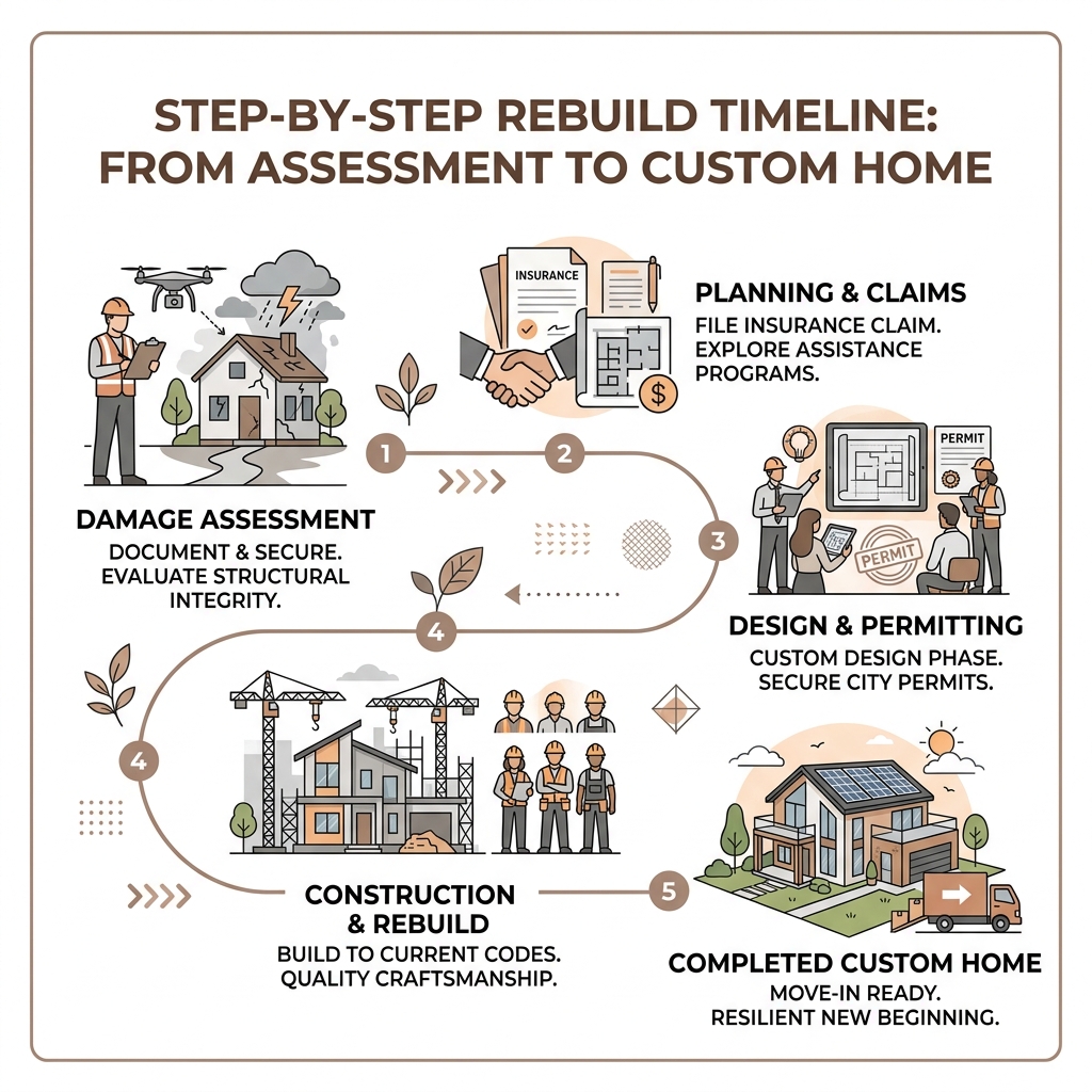 Step-by-step rebuild timeline from damage assessment to completed custom home reconstruction - Damage assessment rebuild Step-by-step rebuild timeline from damage assessment to completed custom home reconstruction - Damage assessment rebuild