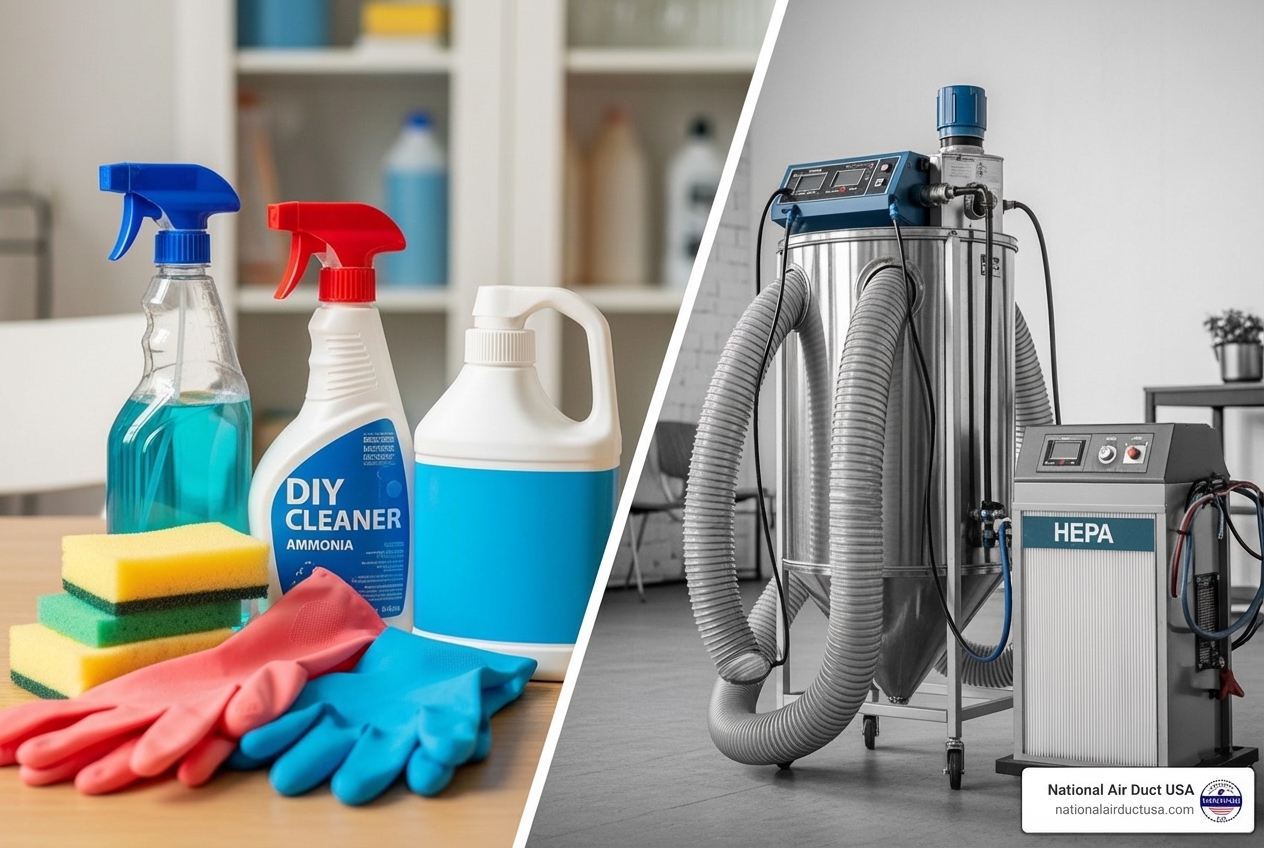 DIY cleaning supplies next to professional air scrubbing equipment - AC mold removal cost