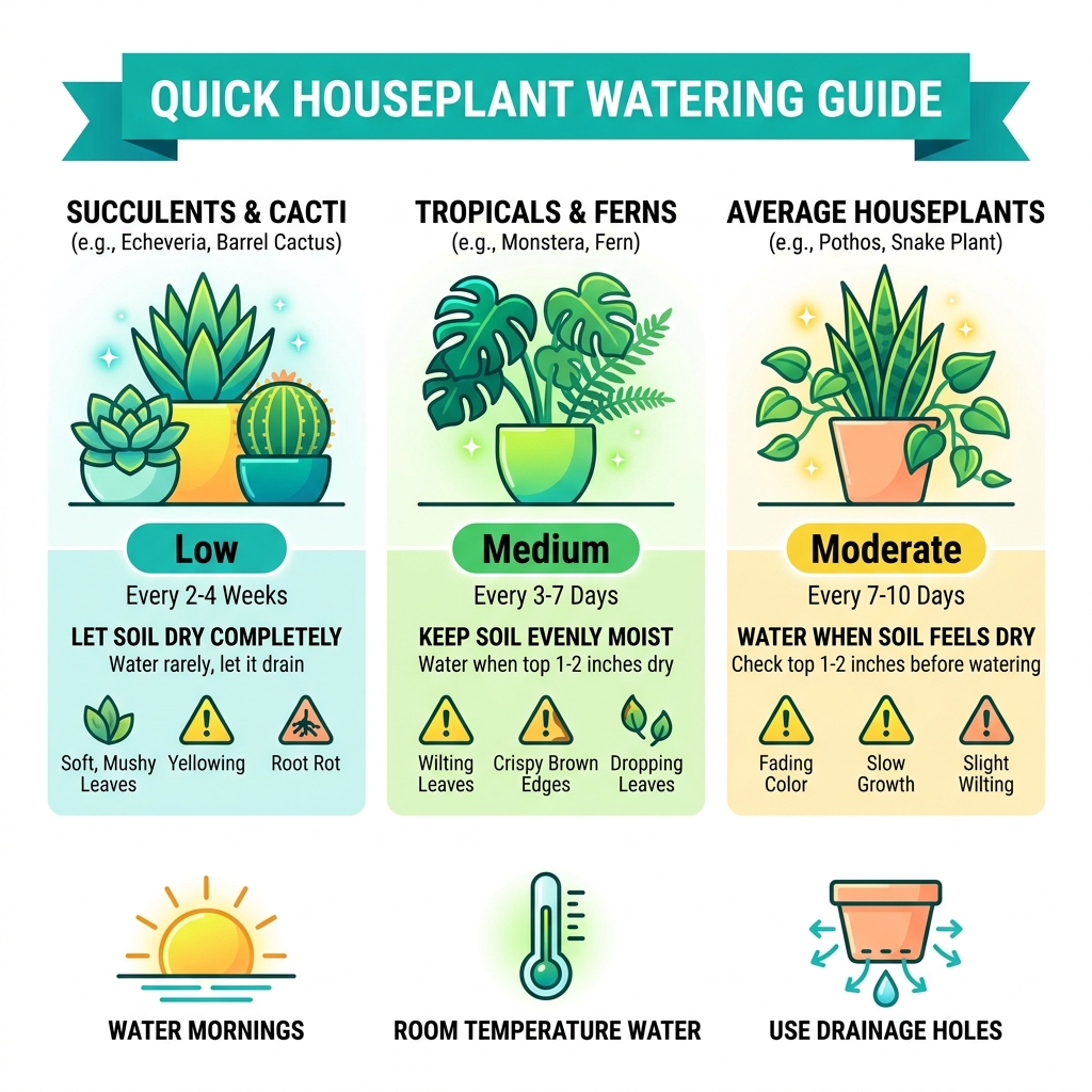 Infographic showing quick houseplant watering guide with plant types, frequency, and warning signs - houseplant watering