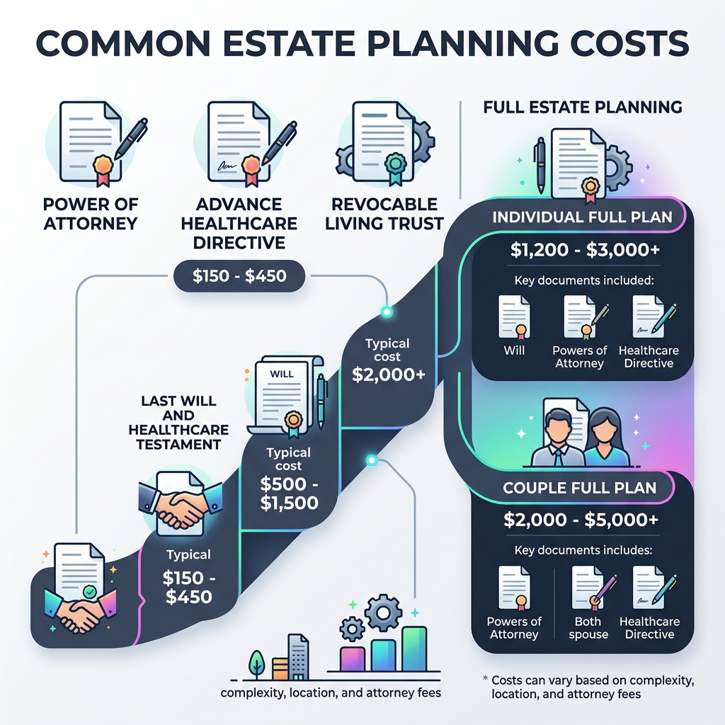 Infographic showing estate planning costs from $150 POA to $5000+ full plan with key documents listed - Estate planning