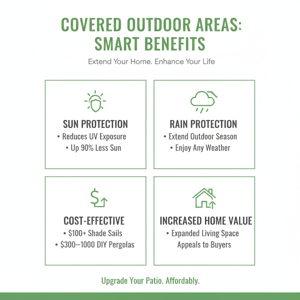 infographic showing benefits of covered outdoor areas including sun protection reducing UV exposure by up to 90 percent, rain protection extending outdoor season, cost-effective options ranging from 100 dollar shade sails to 1000 dollar DIY pergolas, and increased home value from expanded living space - cheap outdoor covered area infographic infographic showing benefits of covered outdoor areas including sun protection reducing UV exposure by up to 90 percent, rain protection extending outdoor season, cost-effective options ranging from 100 dollar shade sails to 1000 dollar DIY pergolas, and increased home value from expanded living space - cheap outdoor covered area infographic