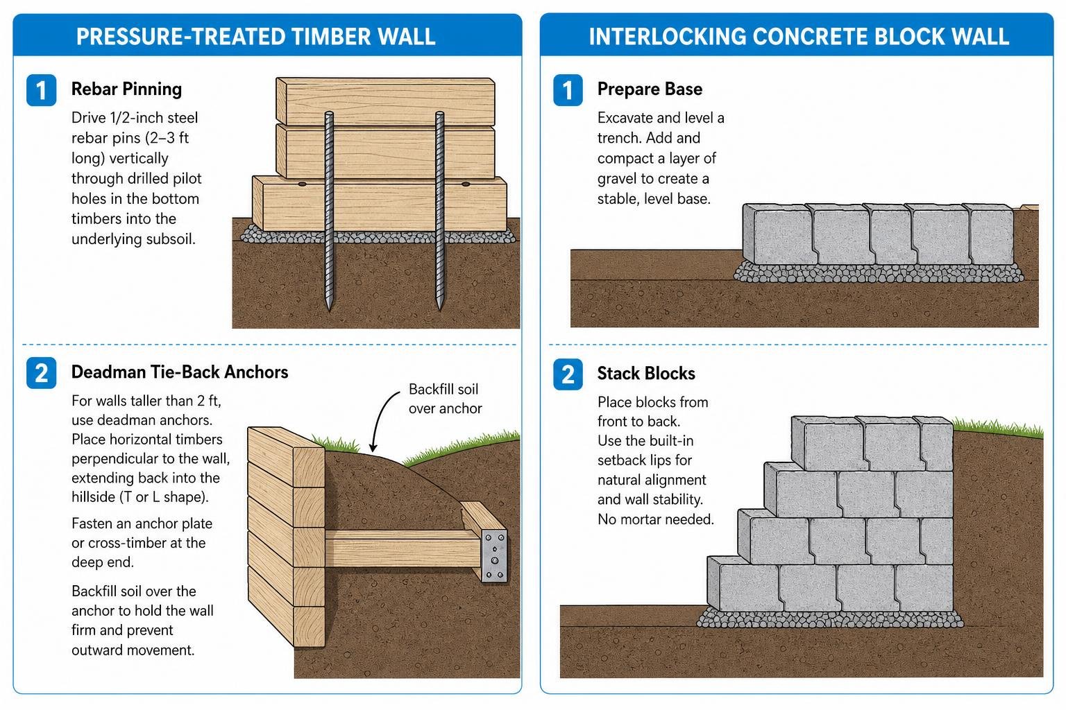 Timber and interlocking block wall build steps comparison Timber and interlocking block wall build steps comparison
