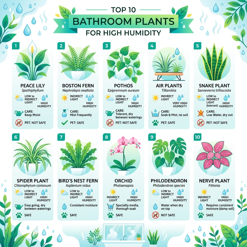 Infographic showing top 10 bathroom plants for high humidity with light and care requirements - bathroom plants high