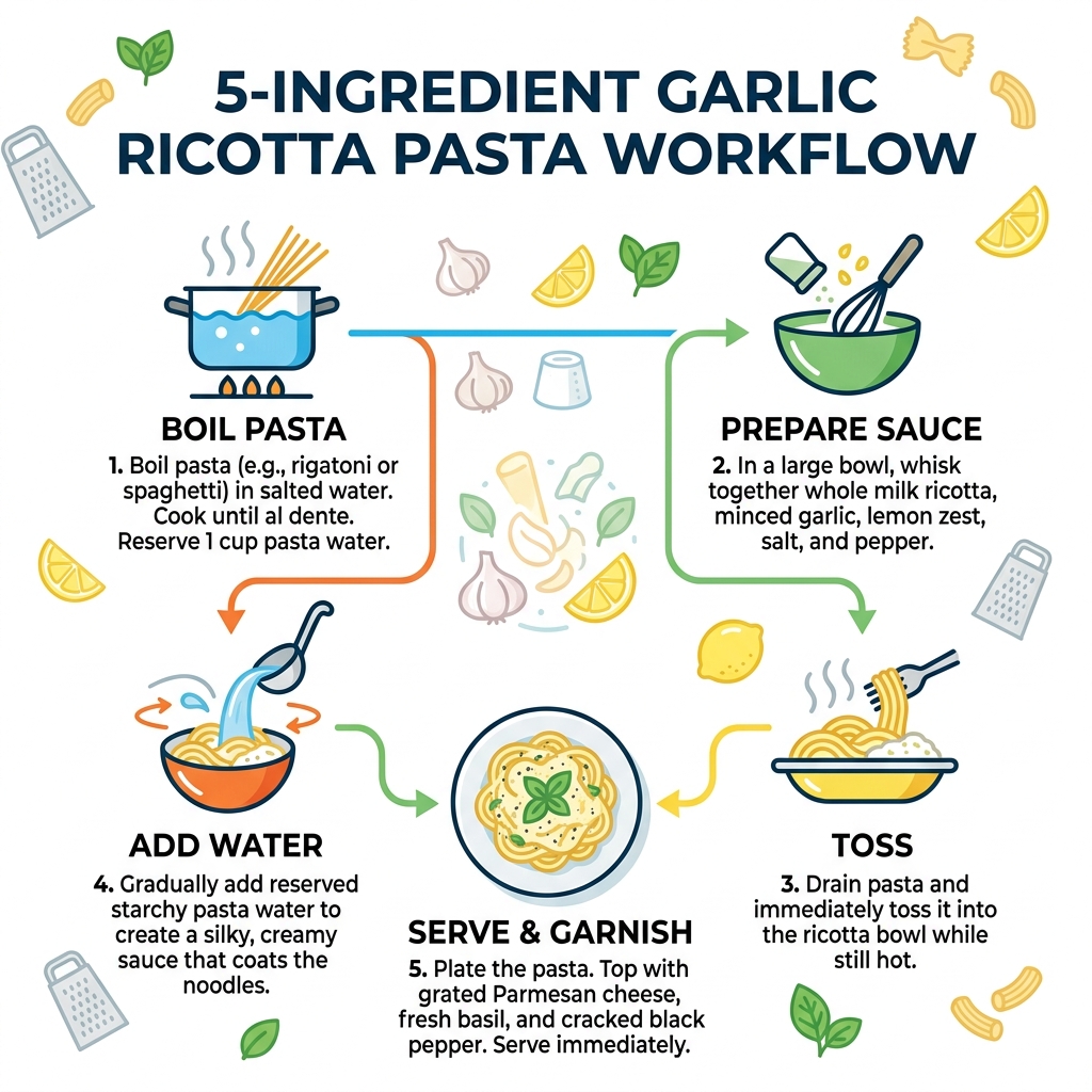 5-ingredient garlic ricotta pasta workflow infographic showing steps from boiling pasta to plating - garlic ricotta pasta
