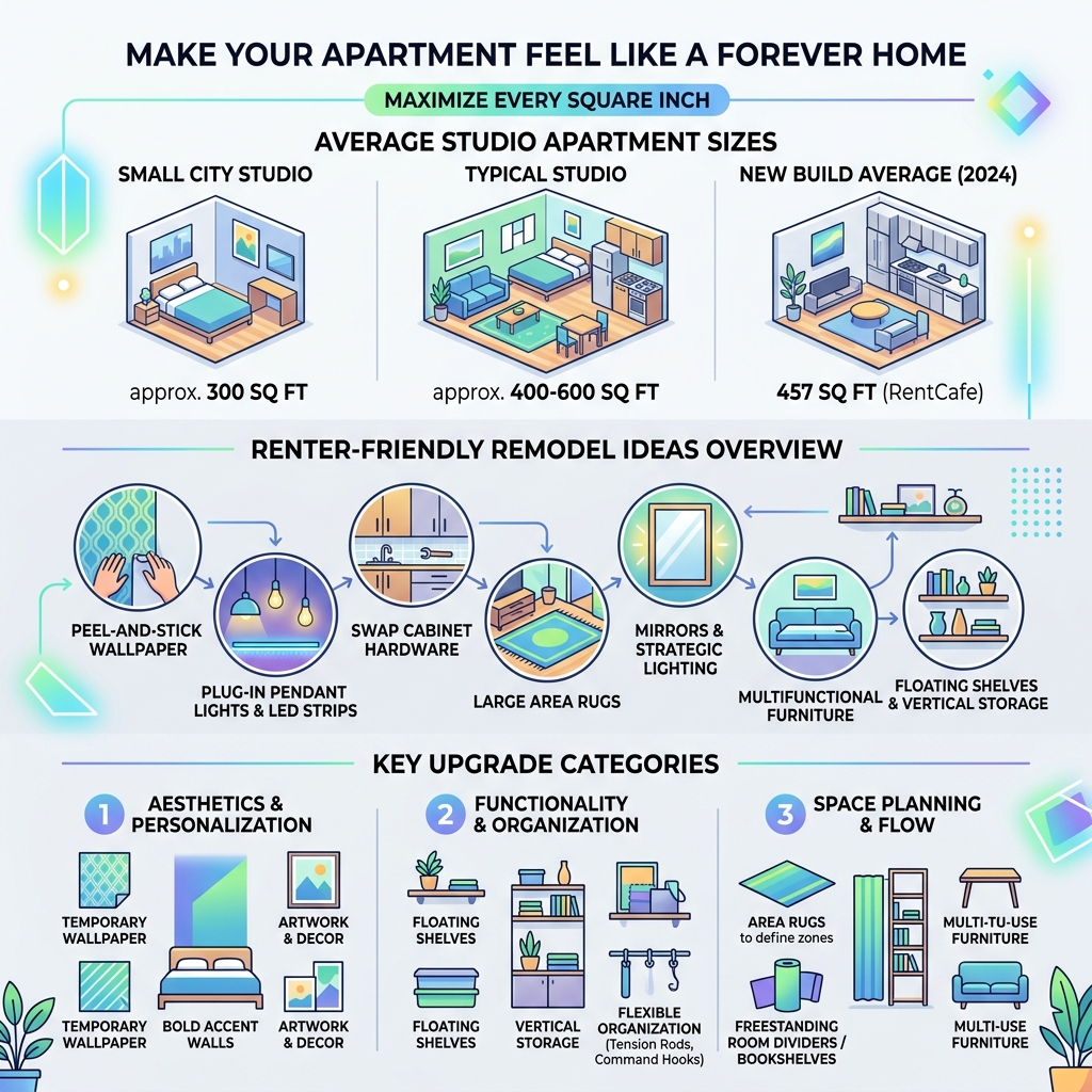 Average studio apartment sizes, renter-friendly remodel ideas overview, and key upgrade categories - apartment remodel ideas
