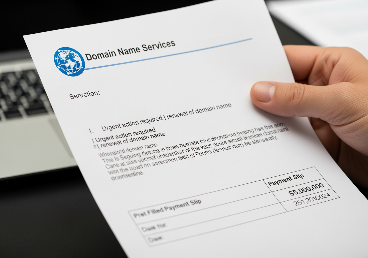 Image highlighting the fine print on a scam letter - domain name services letter scam