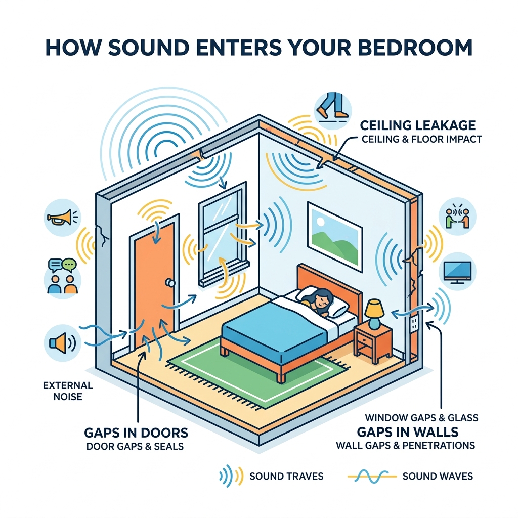 infographic showing how sound waves enter a bedroom through gaps in doors, windows, walls, and ceilings - soundproofing