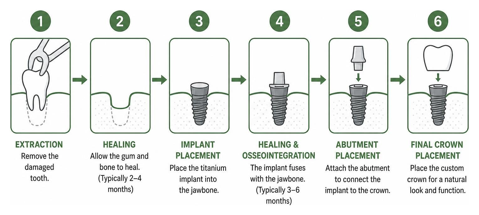 Step-by-step timeline of the dental implant process from extraction to final crown placement Step-by-step timeline of the dental implant process from extraction to final crown placement