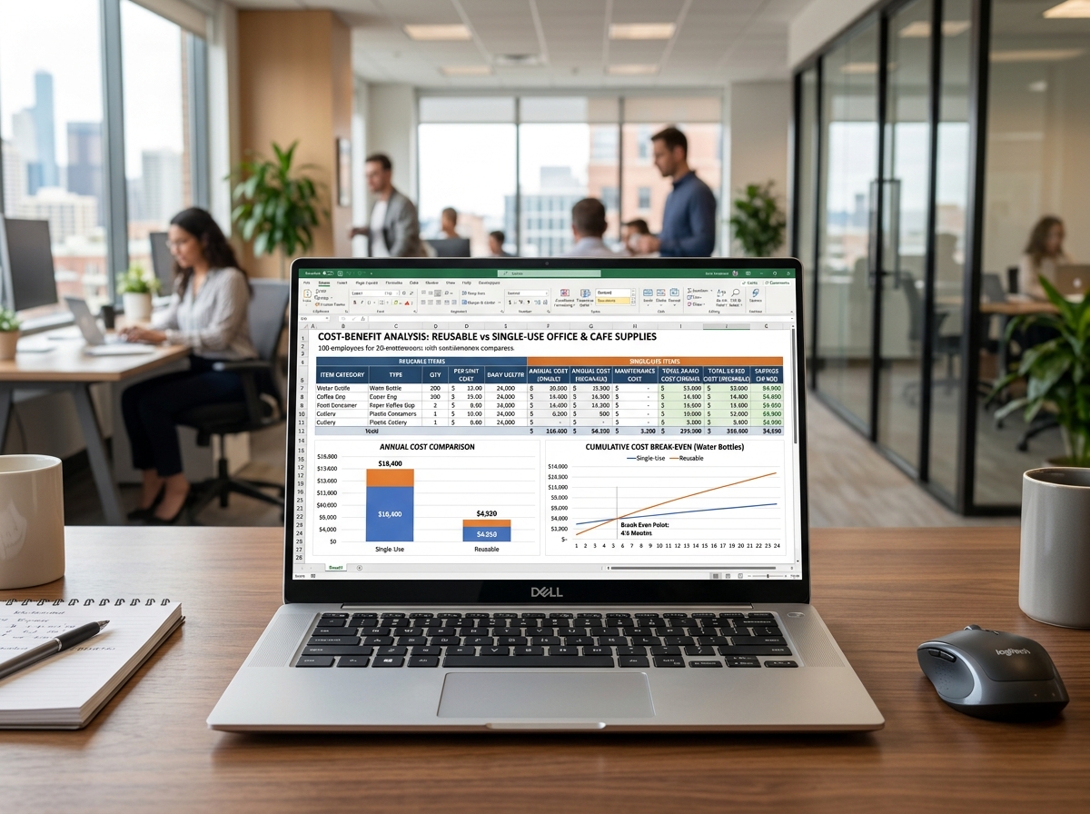 cost-benefit spreadsheet for reusable vs single-use items showing per-unit breakdown - reusable product cost analysis