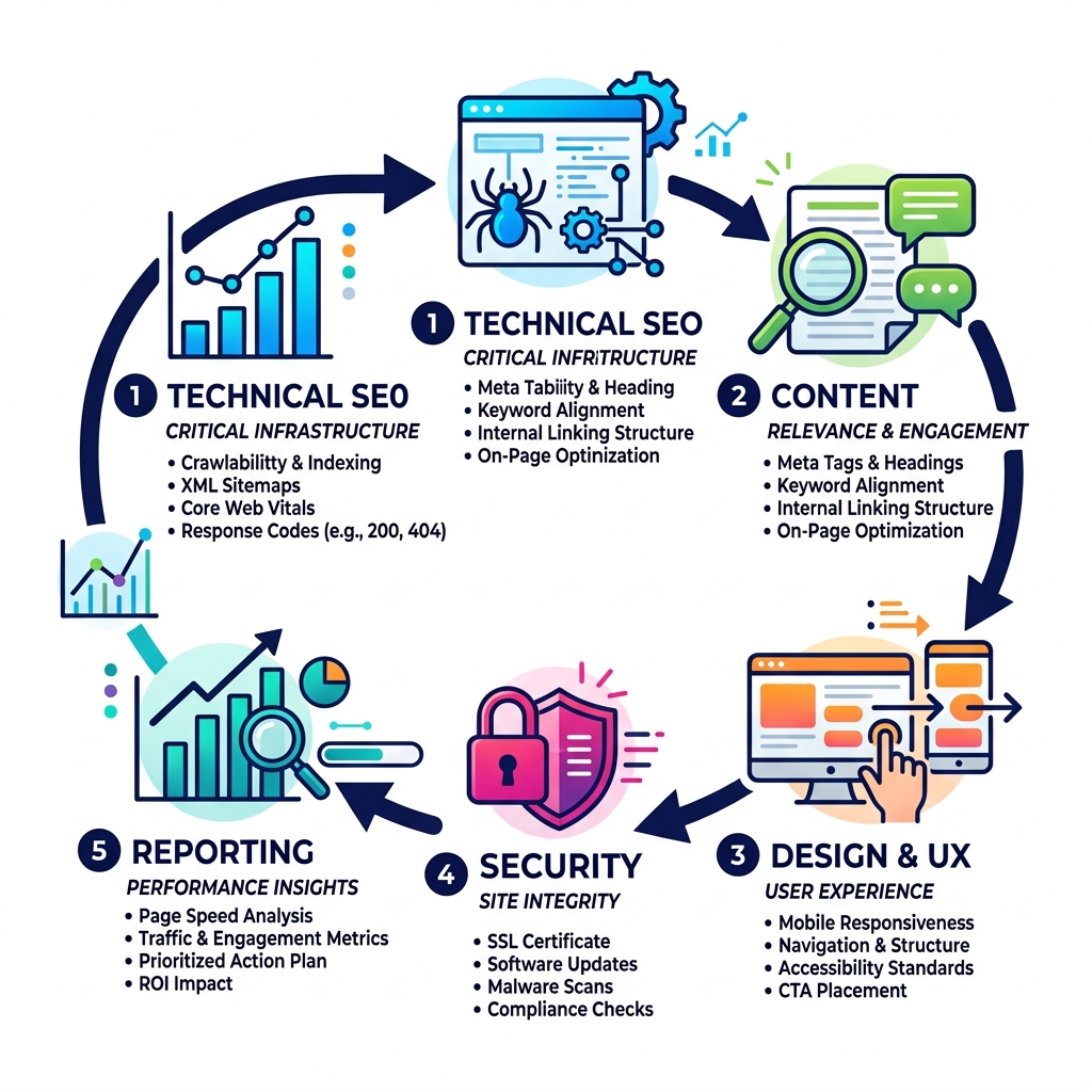 5-stage website audit lifecycle infographic showing technical SEO, content, design, security, and reporting - website audit