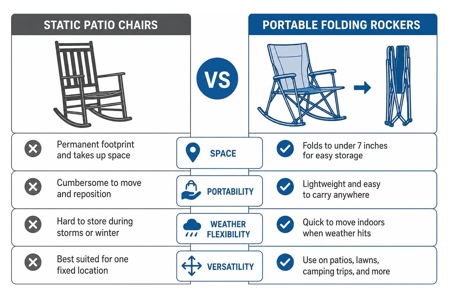 Comparison diagram showing static patio chairs versus portable folding rockers Comparison diagram showing static patio chairs versus portable folding rockers