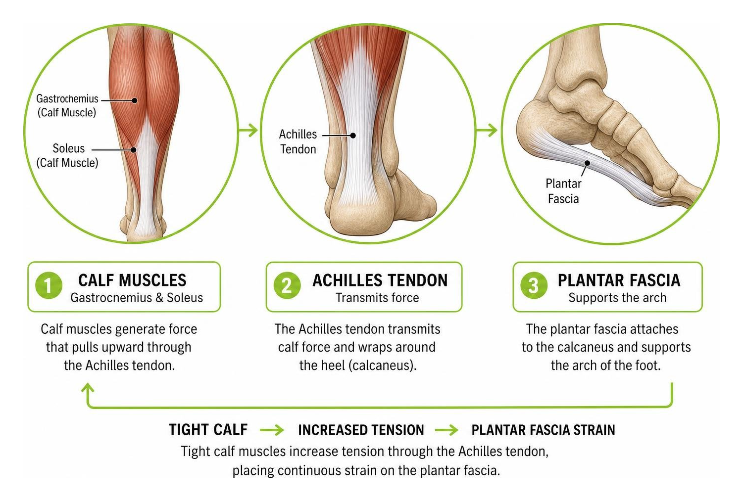 diagram showing kinetic chain from calf through Achilles tendon to plantar fascia diagram showing kinetic chain from calf through Achilles tendon to plantar fascia