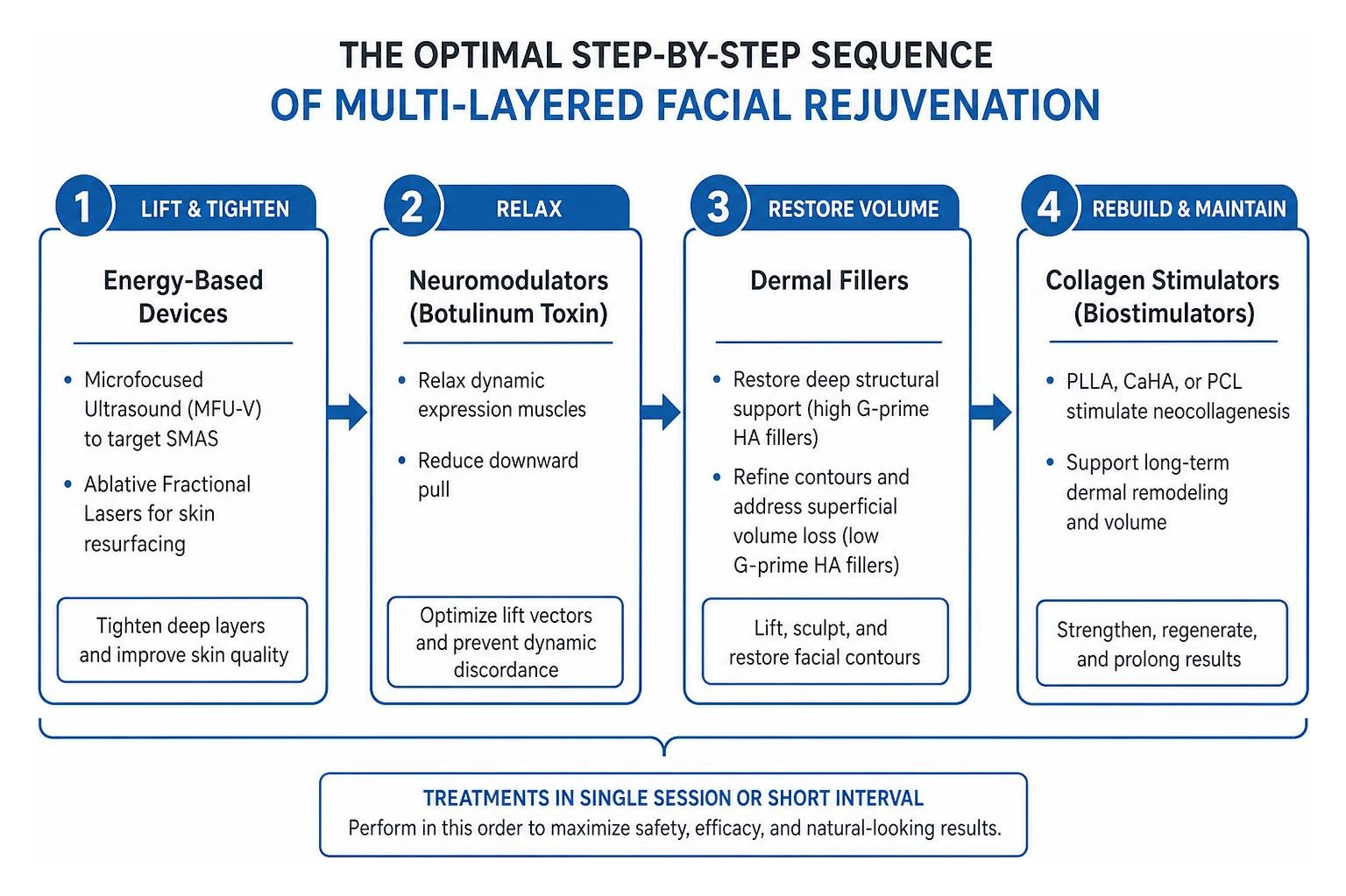 Diagram showing the optimal step-by-step sequence of multi-layered facial rejuvenation Diagram showing the optimal step-by-step sequence of multi-layered facial rejuvenation