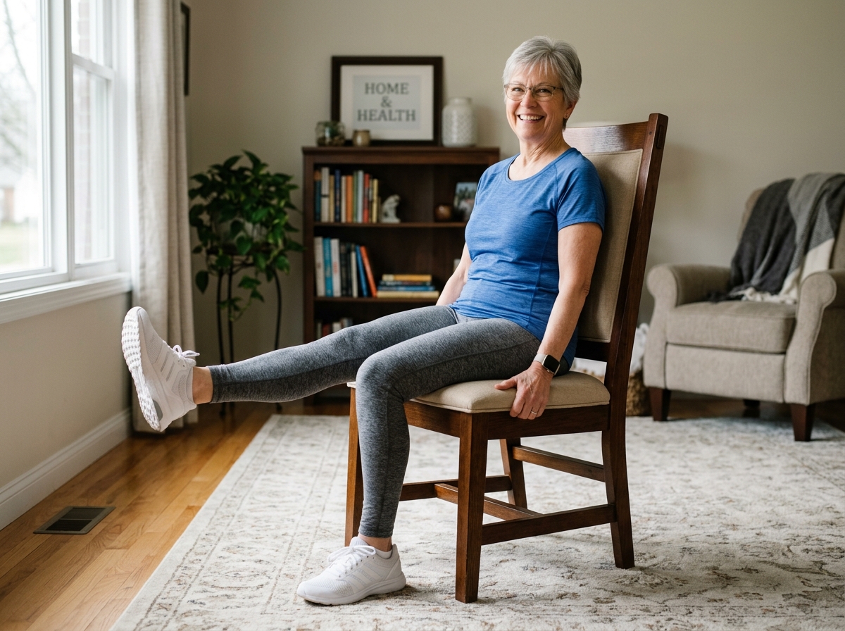 Beginner performing seated leg extensions in a sturdy chair - 10 minute chair workout for beginners Beginner performing seated leg extensions in a sturdy chair - 10 minute chair workout for beginners