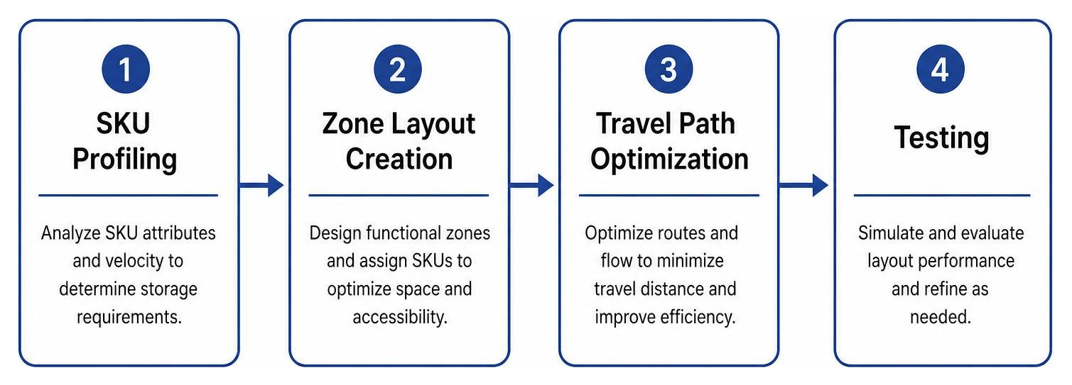 Floor plan design process: SKU profiling, zone layout creation, travel path optimization, testing