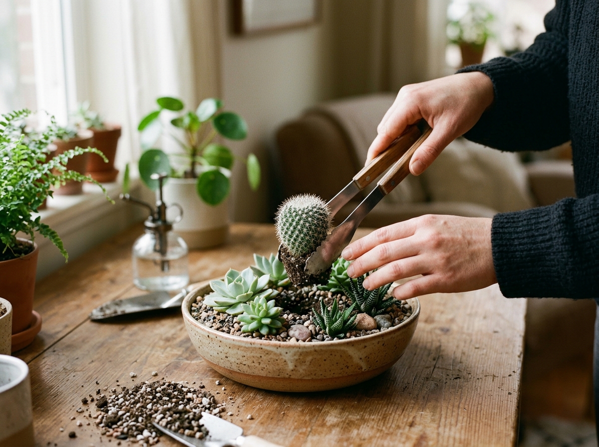 A person using tongs to place a small cactus into a shallow ceramic bowl with succulents - cactus succulent arrangement A person using tongs to place a small cactus into a shallow ceramic bowl with succulents - cactus succulent arrangement