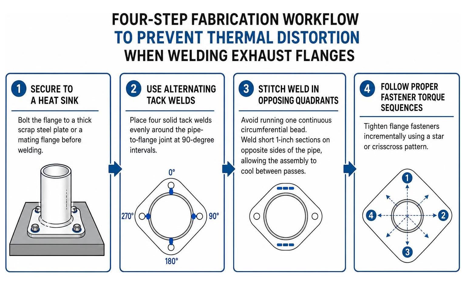 Four-step fabrication workflow to prevent thermal distortion when welding exhaust flanges Four-step fabrication workflow to prevent thermal distortion when welding exhaust flanges