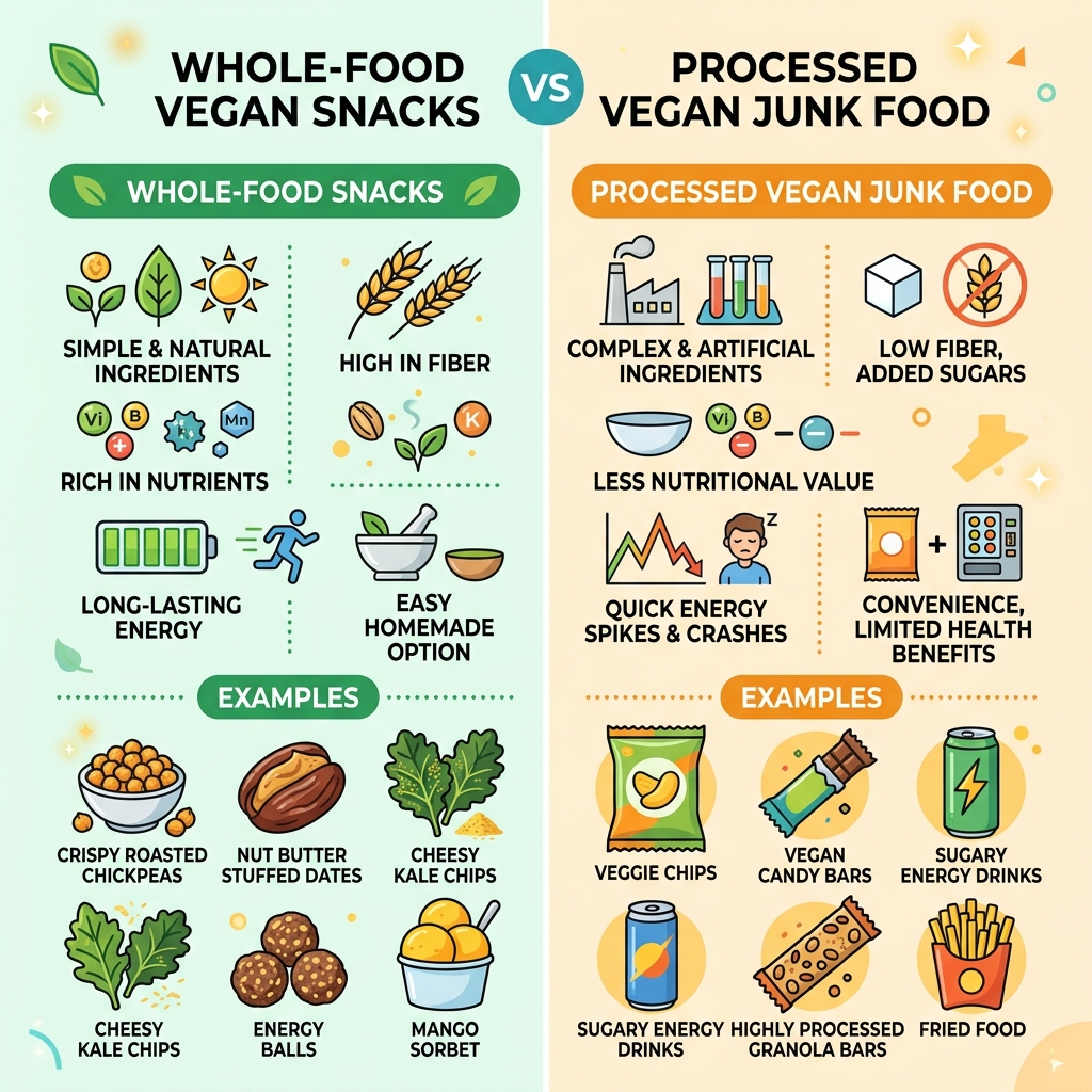 Whole-food vegan snacks vs processed vegan junk food comparison infographic - best vegan snack recipes infographic 