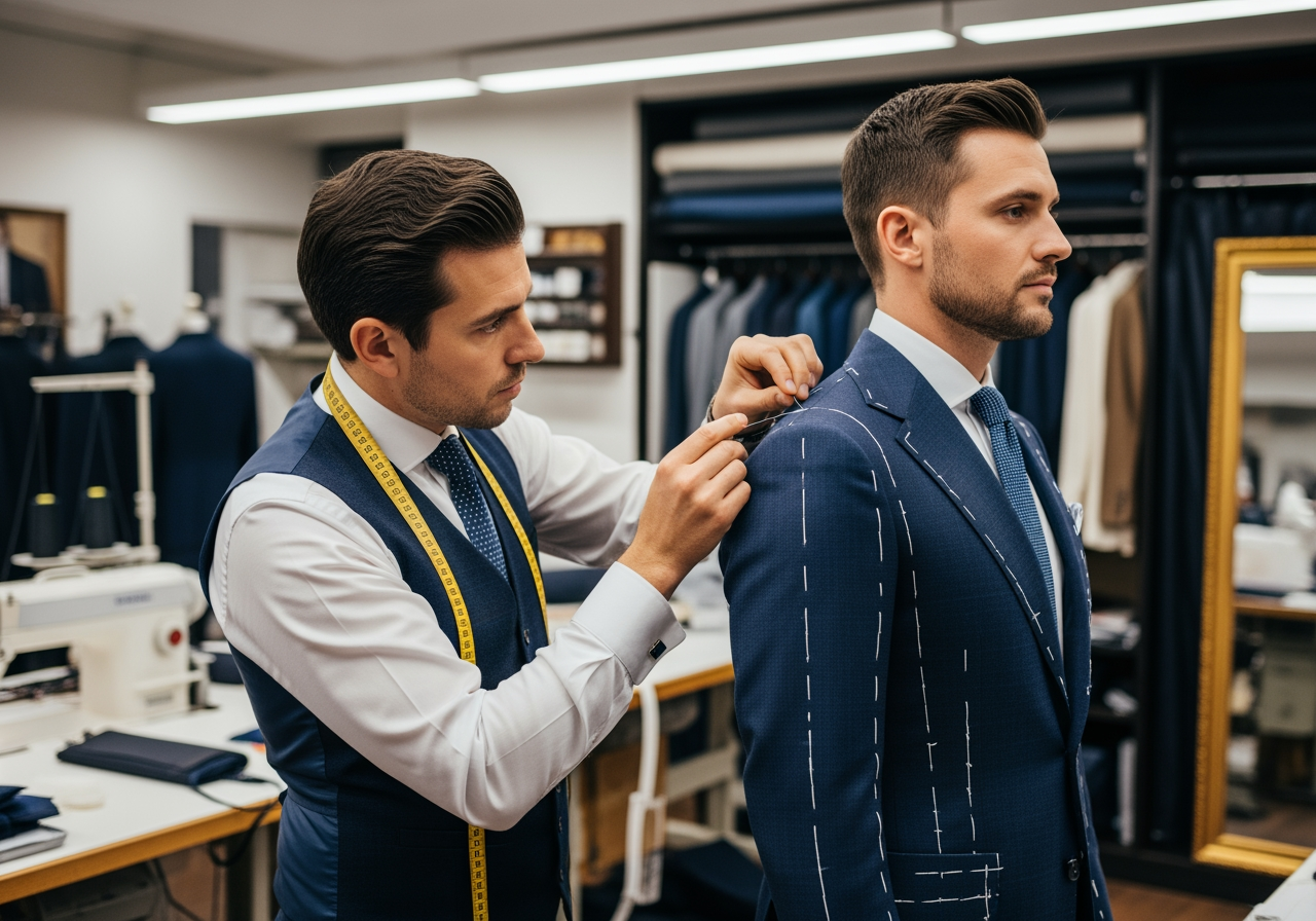 A tailor making adjustments on a client during a baste fitting, with white thread markings on the garment - custom bespoke