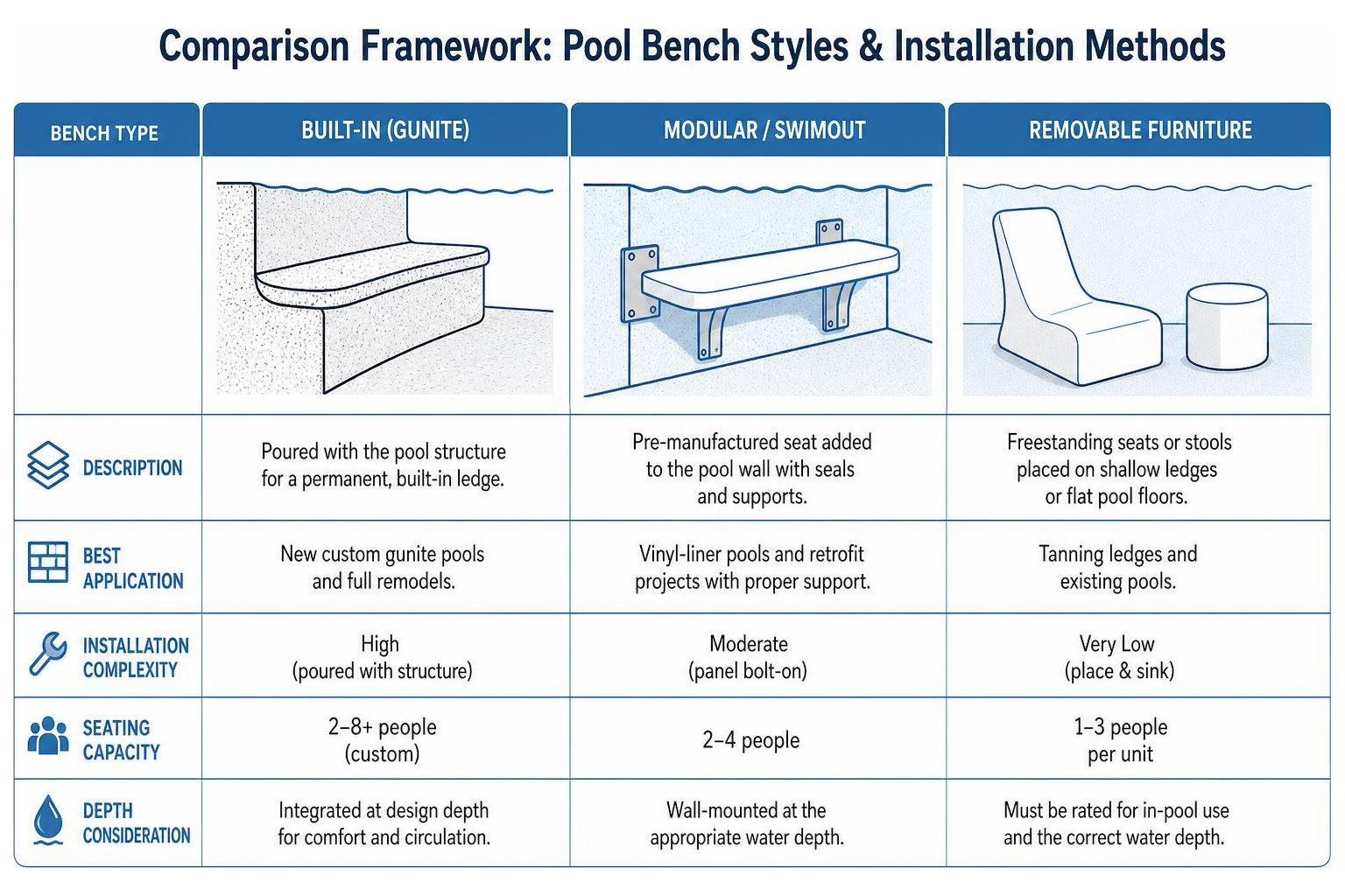 Comparison framework of pool bench styles and installation methods Comparison framework of pool bench styles and installation methods