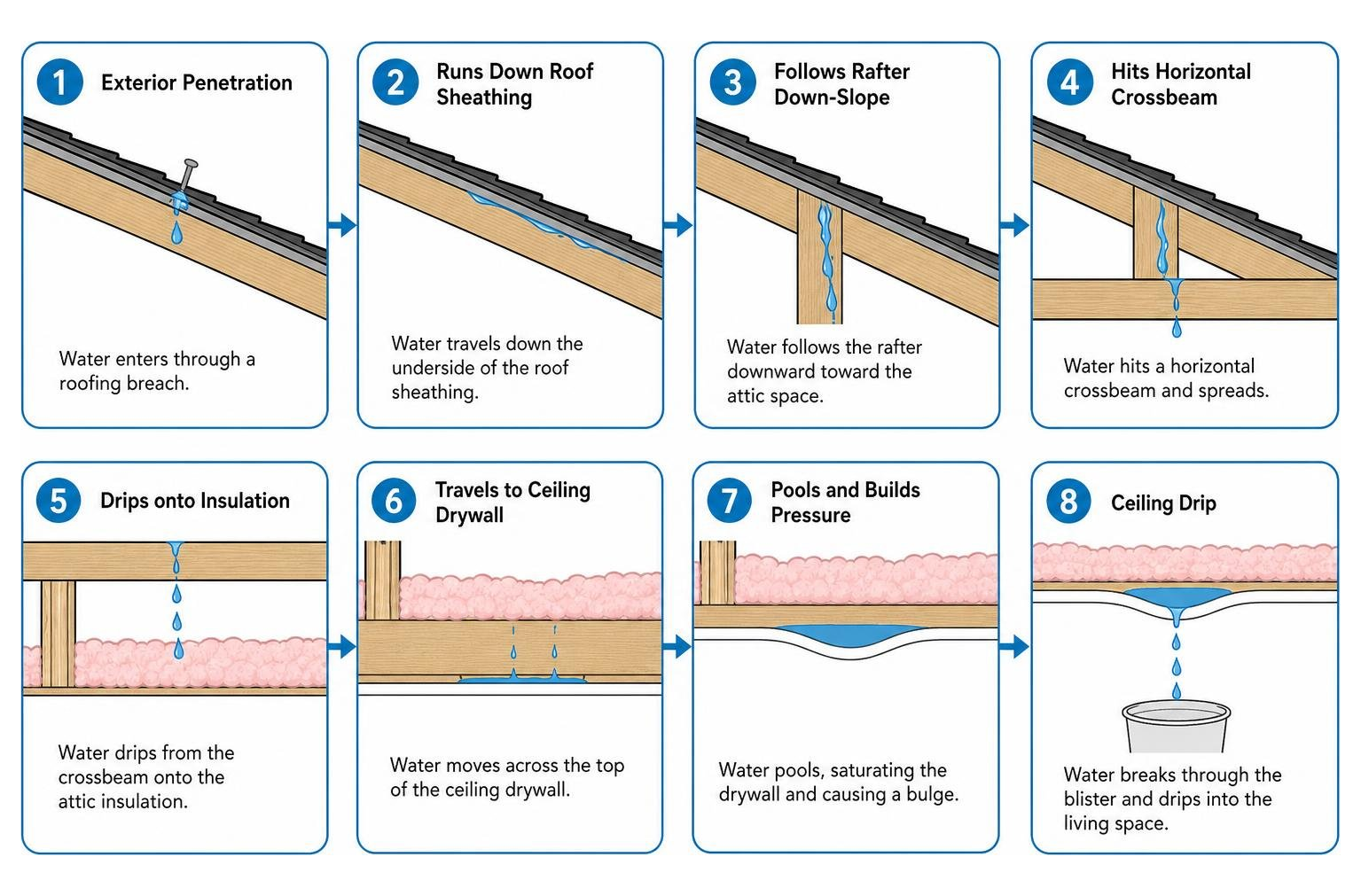 Water leak travel path from exterior penetration to ceiling drip Water leak travel path from exterior penetration to ceiling drip