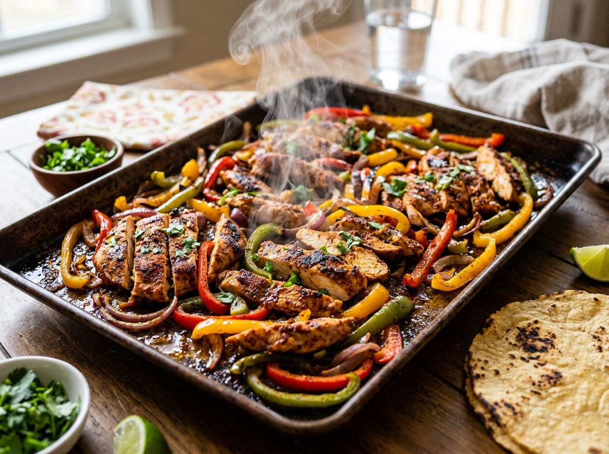 Sizzling chicken fajitas on a sheet pan with colorful peppers - healthy sheet pan dinner recipes Sizzling chicken fajitas on a sheet pan with colorful peppers - healthy sheet pan dinner recipes