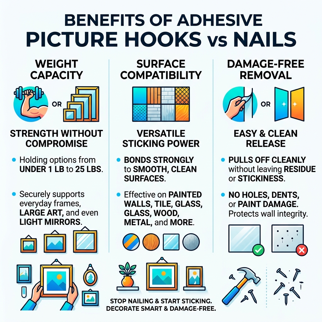 Benefits of adhesive picture hooks vs nails infographic showing weight capacity, surface compatibility, and damage-free