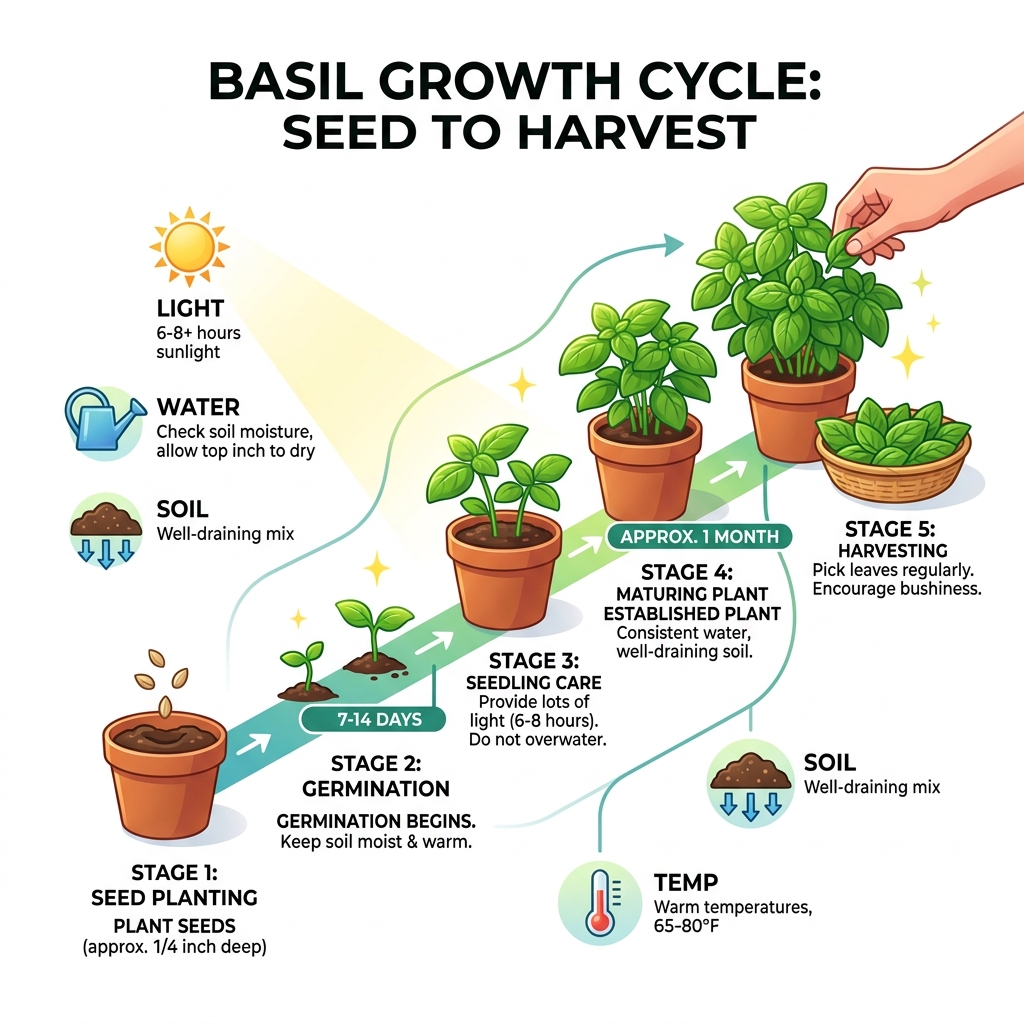 Infographic showing basil growth cycle from seed to harvest with germination timeline and care tips - basil herb starter kit Infographic showing basil growth cycle from seed to harvest with germination timeline and care tips - basil herb starter kit