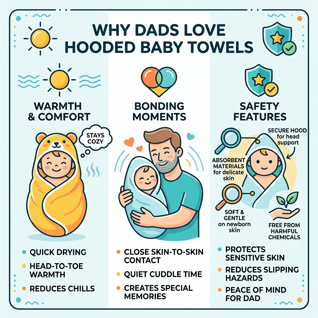 infographic showing key benefits of hooded baby towels for dads including warmth, bonding, and safety features - dad baby