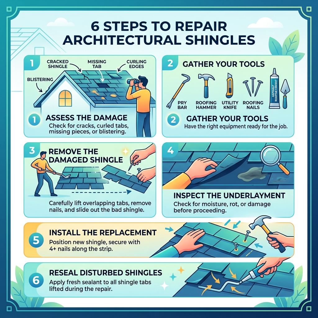 Infographic showing 6 steps to repair architectural shingles from damage assessment to final sealant - how to repair