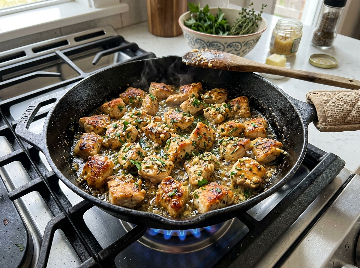 garlic butter chicken bites in a cast iron skillet - chicken recipe easy quick