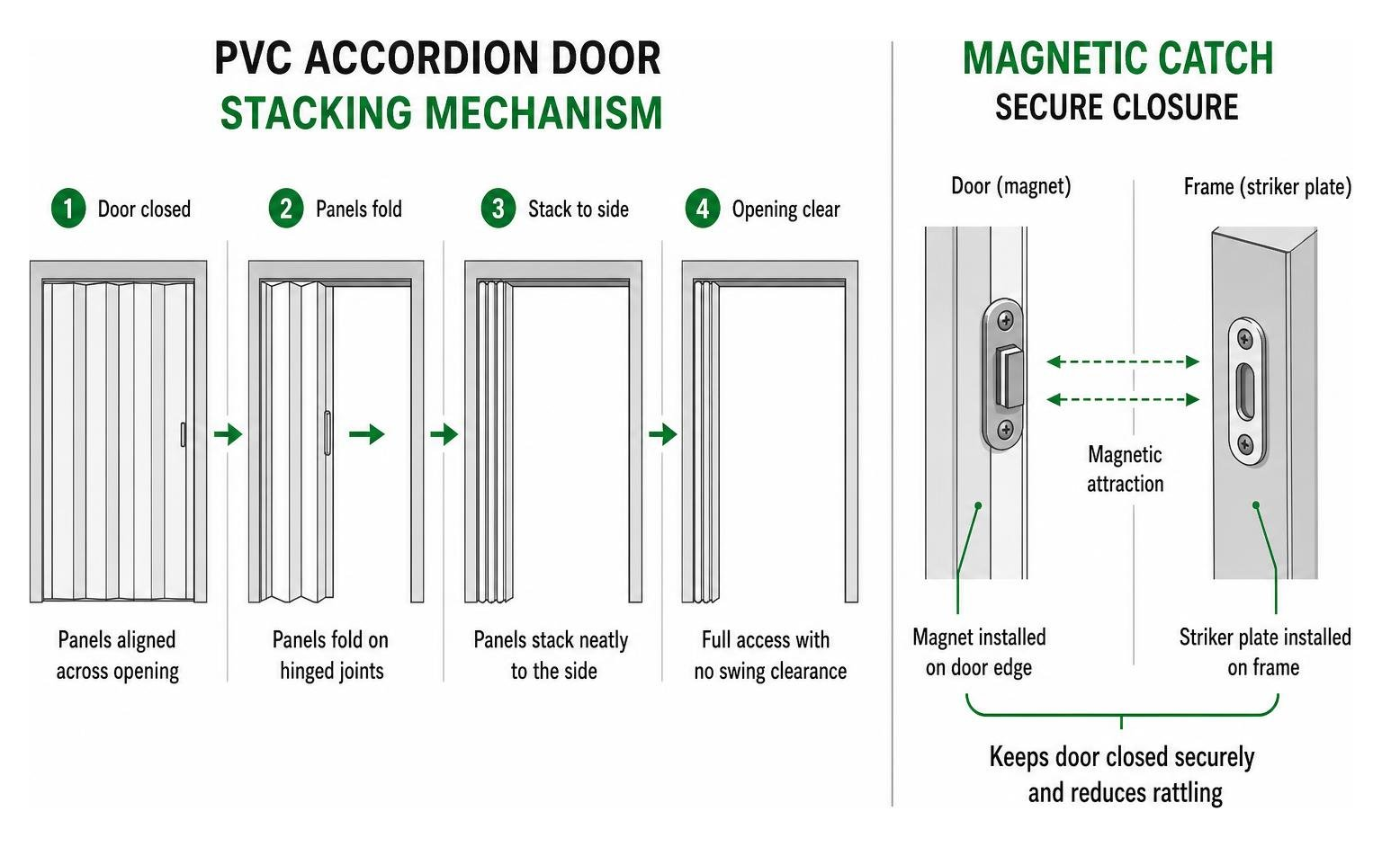 PVC accordion door stacking mechanism and magnetic catch