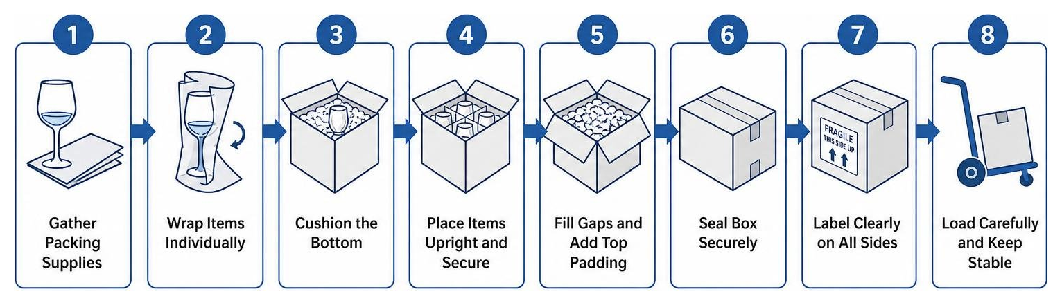 Step-by-step process of packing fragile items for long-distance transport Step-by-step process of packing fragile items for long-distance transport