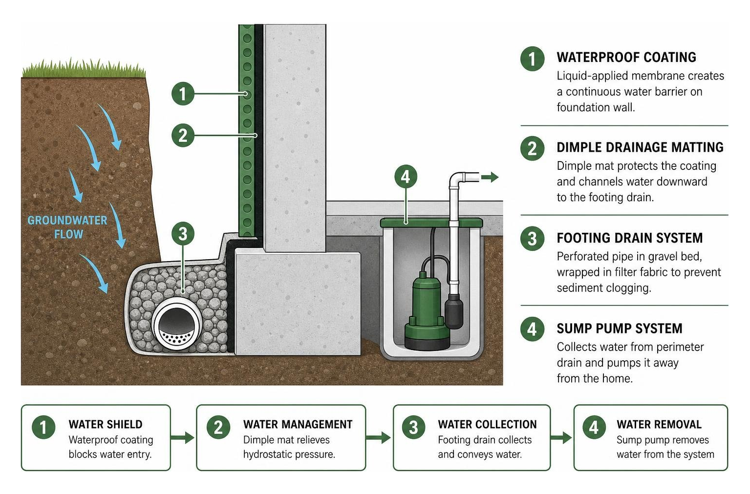 complete below-grade waterproofing system with dimple mat and footing drain