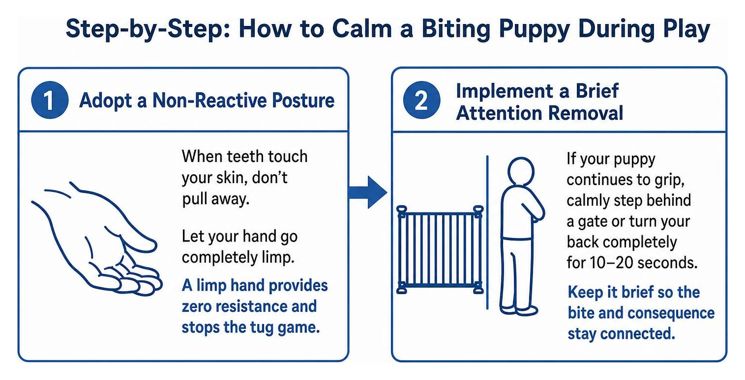Step by step process to calm a biting puppy during play Step by step process to calm a biting puppy during play