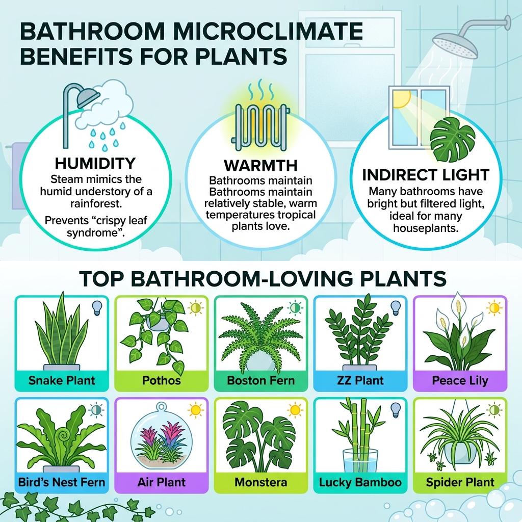 Infographic: bathroom microclimate benefits for plants - humidity, warmth, indirect light, and top plant picks - bathroom Infographic: bathroom microclimate benefits for plants - humidity, warmth, indirect light, and top plant picks - bathroom
