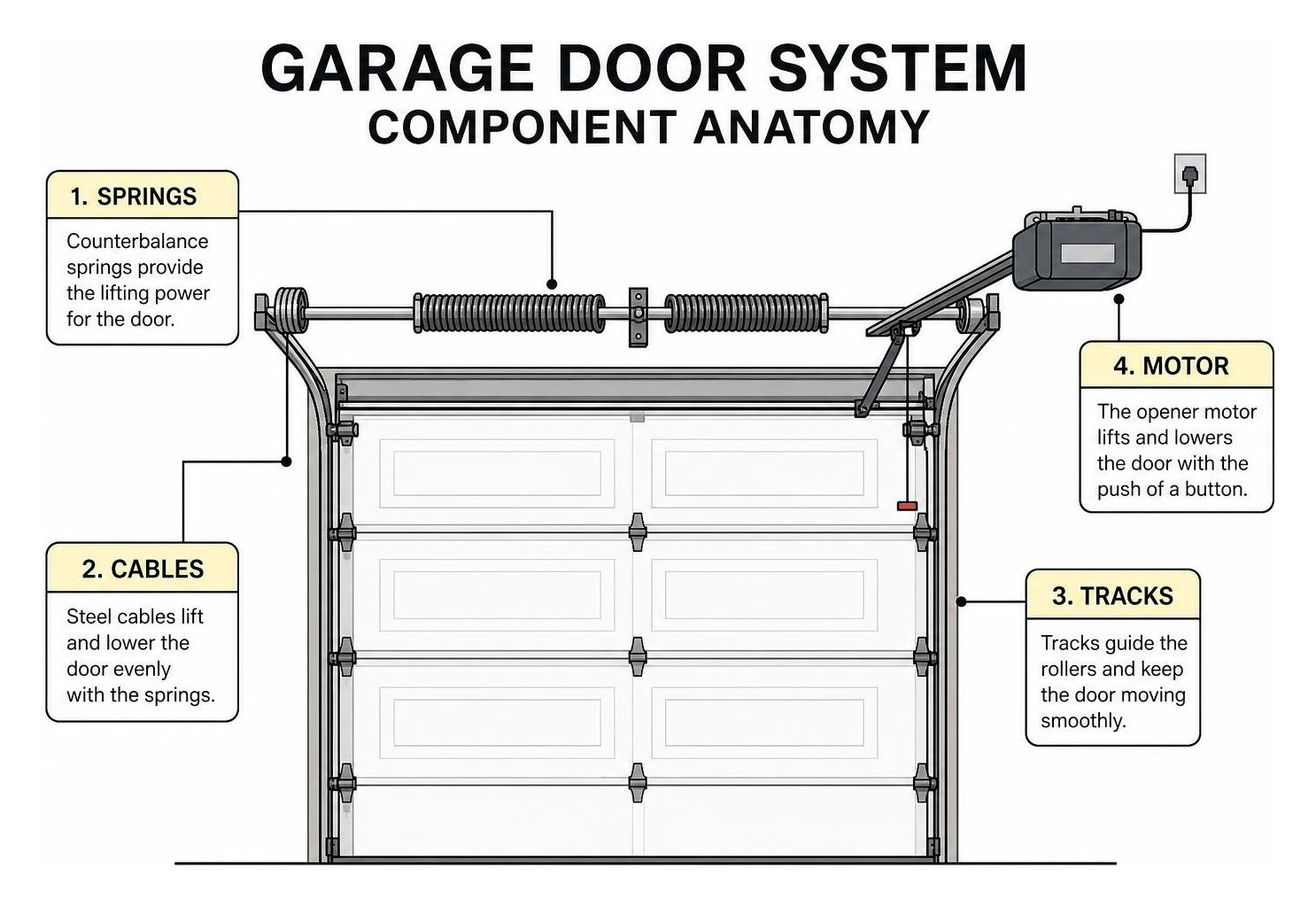 Garage door system component anatomy showing springs cables tracks and motor Garage door system component anatomy showing springs cables tracks and motor