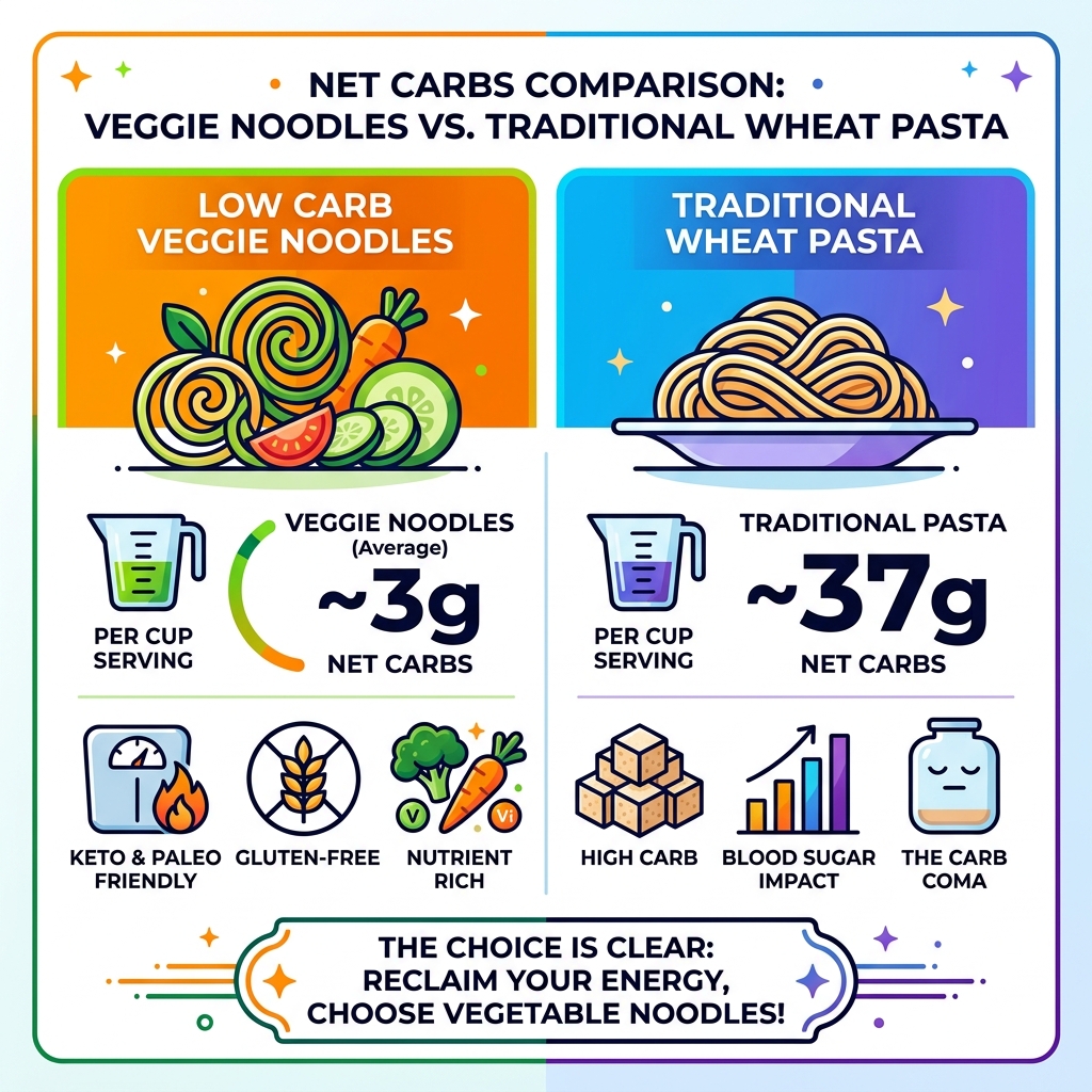 Infographic comparing net carbs of veggie noodles vs traditional wheat pasta - low carb veggie noodles infographic Infographic comparing net carbs of veggie noodles vs traditional wheat pasta - low carb veggie noodles infographic