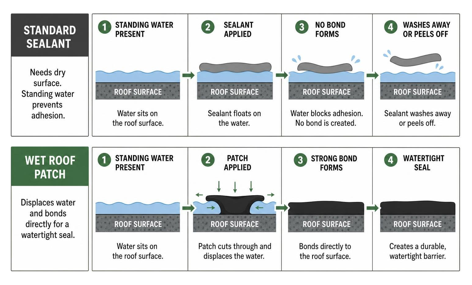 Comparison of how standard sealant vs wet roof patch reacts to standing water Comparison of how standard sealant vs wet roof patch reacts to standing water