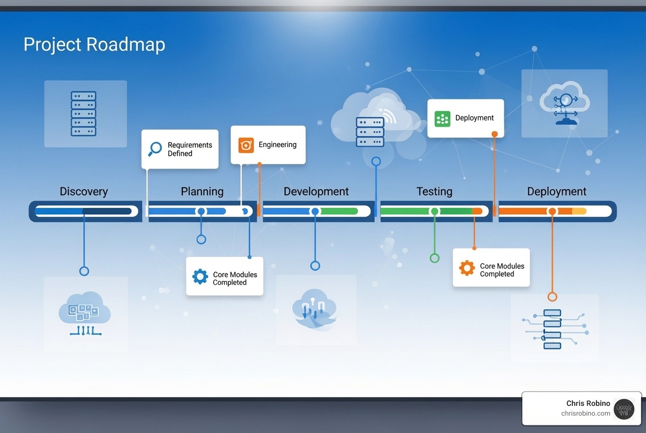 Image of a digital roadmap with various cloud migration phases, milestones, and timelines clearly marked for a successful journey - Cloud adoption strategy