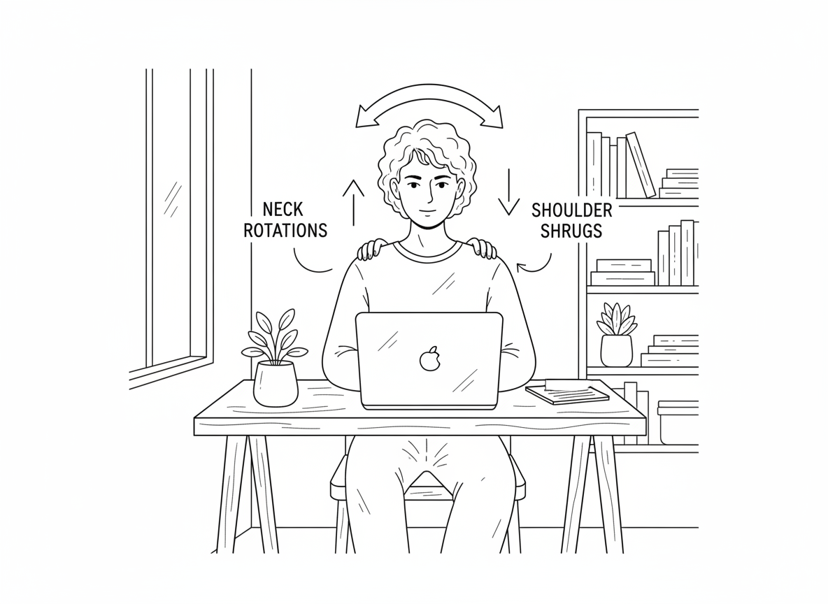 Illustration of neck rotations and shoulder mobility exercises - desk job upper body routine