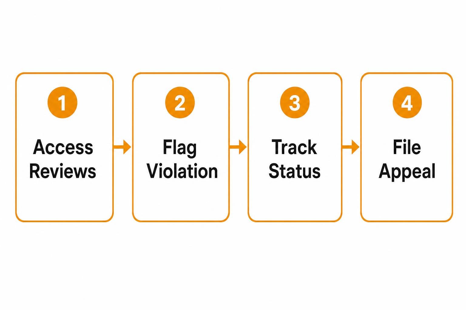 Process diagram showing: Step 1 Access Reviews, Step 2 Flag Violation, Step 3 Track Status, Step 4 File Appeal
